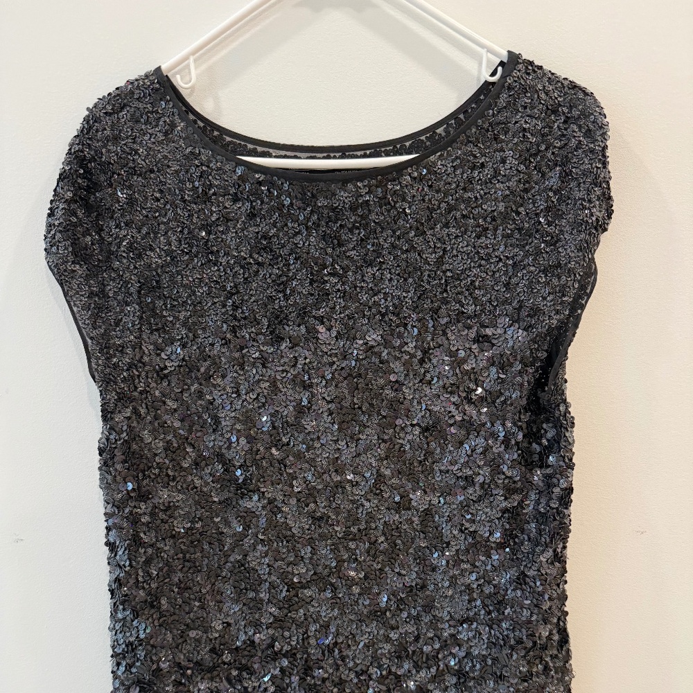 All Saints - Black Hand Beaded Sequin Cap Sleeve Blouse, Size 6